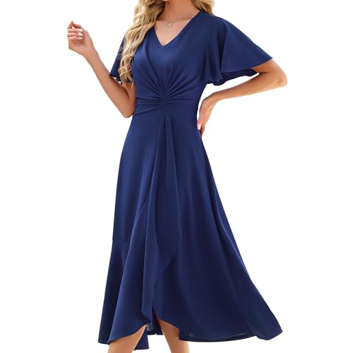 Image of QMZ Wedding Guest Dresses for Women V Neck Cocktail Dress Ruffle Sleeve A Line Evening Party Formal Dresses for Women