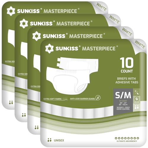 SUNKISS Masterpiece Windeln für Erwachsene mit ultimativer Saugfähigkeit, Einweg Inkontinenz Slips für Männer und Frauen, mit Tabs, Auslaufschutz bei Blasenschwäche, Weiß, Größe S/M, 40 Stück