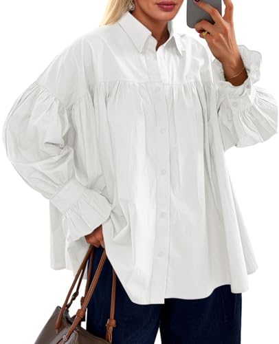Cicy Bell Womens Oversized Button Down Shirts Long Ruffle Sleeve Pleated Babydoll Blouses Trendy Casual Tops