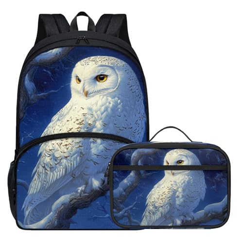 Snowy Owl Print Boys Backpack for School with Insulated Lunch Bag Student Comfy Padded Back Smooth Zipper 17 Inch School Bookbag for Boys Backpack with Lunch Box