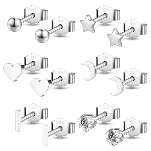 6 Pairs Sterling Silver Stud Earrings Set | Tiny/Small Hypoallergenic Cubic Zirconia Earrings for Women Girls