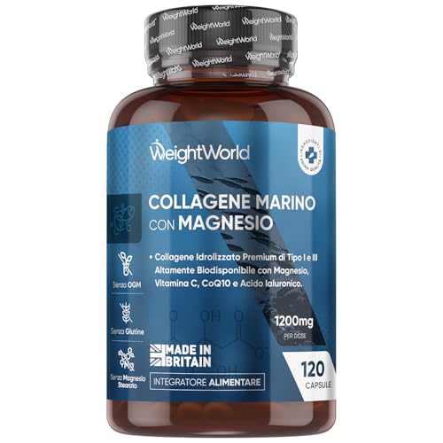 Collagene Marino Idrolizzato di Tipo I e III, con Magnesio Bisglicinato, Vitamina C, Acido Ialuronico, CoQ10 e Zinco, Il Magnesio Contribuisce al Mantenimento di Ossa Normali (EFSA), Senza Additivi