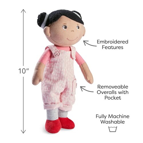 Image of HABA Snug Up Doll Rumbi - 10 inch Soft Doll with Black Hair and Pink Overalls - Machine Washable for 18 Months and Up