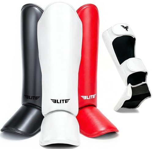 Image of Elite Sports Muay Thai Shin Guards Kickboxing MMA Muay Thai Leg Instep Protective Pads, Martial Art Kicking Sparring Training Gear for BJJ Karate Boxing Taekwondo (Solid White, LXL)