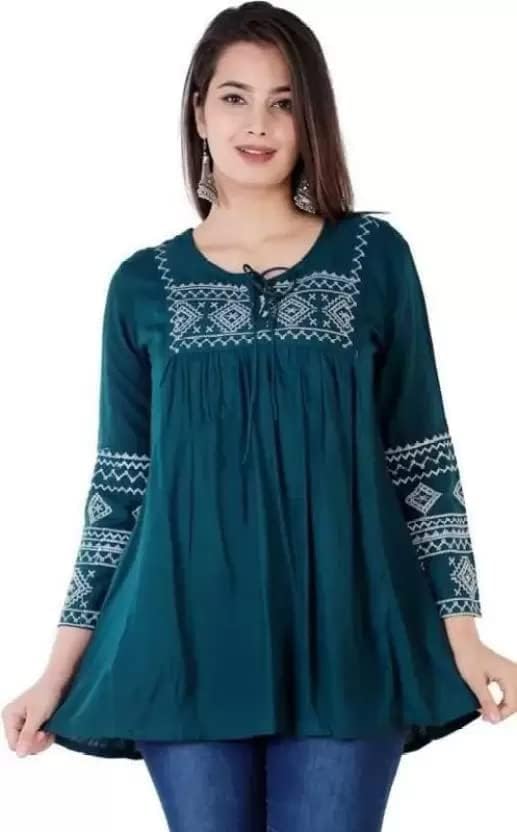 Royal CandyWomen's Latest Designed Stylish Black Casual Embroidered Regular Fit for Girls and Women's 3/4th Sleeve Top