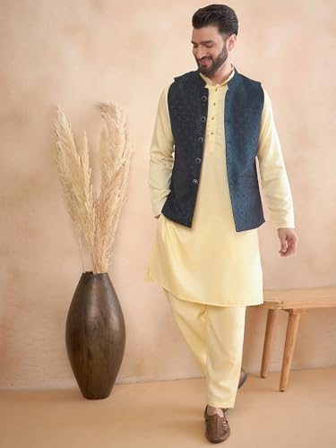 Image of Amazon Brand - Tavasya Mens Woven Design Mandarin Collar Nehru Jackets | Sleeveless Jacket | Ethnic Wear