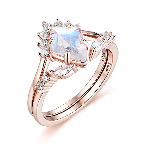 Natural Moonstone Gemstone Genuine 925 Sterling Silver Ring Set for Women Kite Cut Women's Ring for Engagement Bride Romantic Trendy Gift