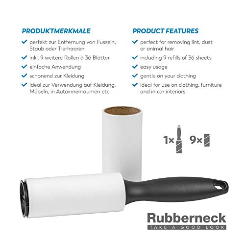 Rubberneck 10er Set Fusselentferner - 360 Blatt - Extra klebrige Fusselrolle, Tierhaarentferner, Staubentferner für Kleidung, Sofa, Auto, Teppich und Bett