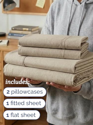Image of Twin XL 4 Piece Sheet Set - College Dorm Room Essentials - Heathered Beige | Ultra Soft Dorm Bedding Set, 8 inch to 16 inch Inch Deep Pockets, 1 Flat & 1 Fitted Sheet & 2 Pillowcases, Wrinkle & Fade Free