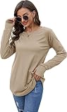 Damska bluzka z długim rękawem na co dzień z okrągłym dekoltem t-shirt luźna tunika topy okrągły brzeg sweter bluza bluzka z otworami na kciuk, Khaki, M