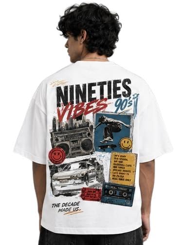 Nineties Vibes 90s Oversized T-Shirt | Back Printed Old School Hip Hop Skate Culture Graphic Tee | Retro Streetwear | 240 GSM Biowashed Cotton
