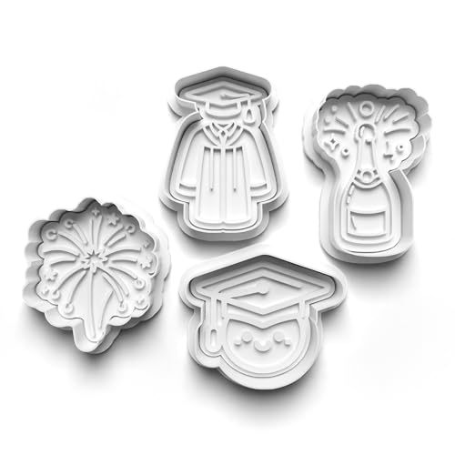 Juego de 4 cortadores de galletas para escuela, universidad, graduación, fiesta, sello de galletas, molde para masa de fondant para niños, para hacer galletas