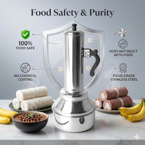 Image of Nakshathra Stainless Steel Puttu Maker /Puttu Kodam with Lid - 1 Unit (13.5 in) | Food Grade Stainless Steel Bakelite Handle Induction and Gas Compatible