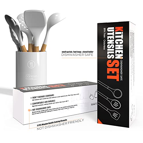 Silicone Cooking Utensils Set - 446°F Heat Resistant Silicone Kitchen Utensils For Cooking,Kitchen Utensil Spatula Set W Wooden Handles And Holder For Non-Stick Cookware, Bpa Free (White) #TOP4