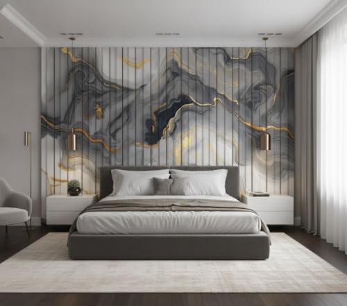 Image of Grey Gold Louvers Self-Adhesive Kitchen Wallpaper Roll, PVC 3D Wall Sticker Oil Proof, Waterproof & Washable Wallpaper for Home Decor, Living Room, Bedroom, Hotel & Cafe Walls (45x300cm)