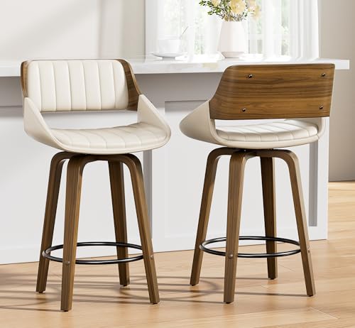Image of YaFiti Bar Stools Set of 2, 26 inch Swivel Counter Height Barstools with Bentwood Back and Legs, Mid Century Modern Upholstered Faux Leather Counter Stools for Kitchen Island, Dining Room, Cream White