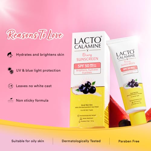 Image of Lacto Calamine Dewy Glow Lightweight Sunscreen SPF 50 PFA +++ UVA & UVB Protection-Oily Skin | Acai Berries, Niacinamide & Watermelon | Dermatologically Tested | 50g each - Pack of 2
