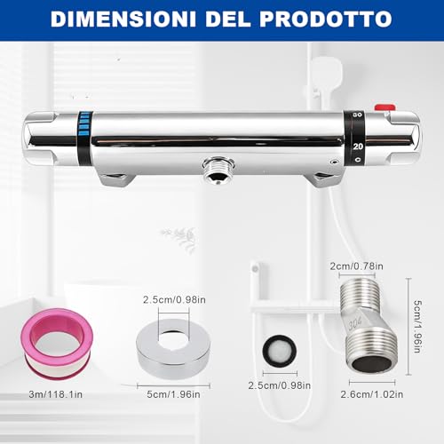 Mfusul Miscelatore Doccia, Miscelatore Termostatico Doccia Con Blocco Di Sicurezza A 38°, Moderno Rubinetto Termostatico Per Bagno Vasca, Ottone Cromato - 4