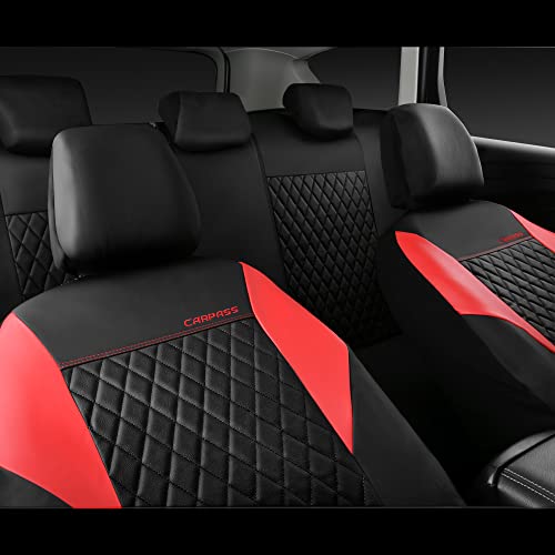 Image of CAR PASS Red Leather Seat Covers Full Set-Universal Quilting Pretty Girly Car Seat Cover with 5mm Composite Sponge Inside,Airbag Compatible, Waterproof Delux Fit for Most Sedan,SUV,Cars (Full Set,Red)