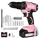 Yougfin Cordless Drill Set, 20V Power Drill Driver With Battery Charger and Carrying Case, 25+1 Torque Electric Drill, Variable Speed, 266 In-lb, 3/8'' Keyless Chuck, 34pcs Driver Bit, Belt Hook/Pink
