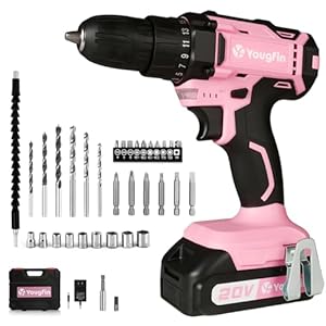 Yougfin Cordless Drill Set, 20V Power Drill Driver With Battery Charger and Carrying Case, 25+1 Torque Electric Drill, Variable Speed, 266 In-lb, 3/8” Keyless Chuck, 34pcs Driver Bit, Belt Hook/Pink
