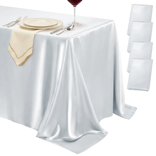 4 Pack Silver Satin Tablecloth 58 x 102 Inch Overlay Seamless Design