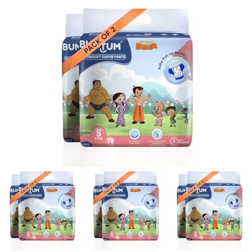 Image of Bumtum Chota Bheem Baby Diapers | Pant Style Baby Diapers Small Size, 156 Count | Double Layer Leakage Protection Infused With Aloe Vera, Cottony Soft High Absorb Technology (78 Count, Pack of 8)