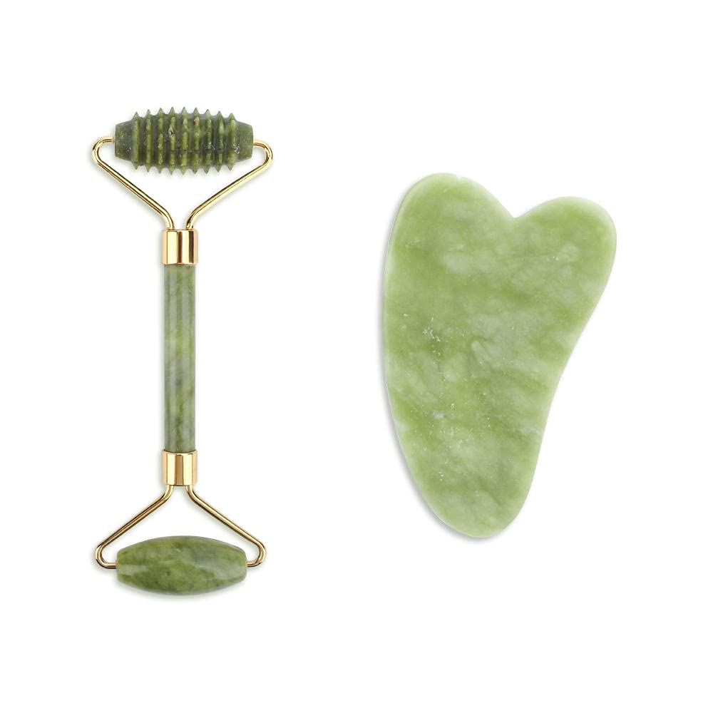 Juego de herramientas de masaje facial de rodillo de jade masajeador facial de piedra natural Guasha tabla de masaje Gua Sha Raspador de jade Rodillo y kit de guasha-C sin caja