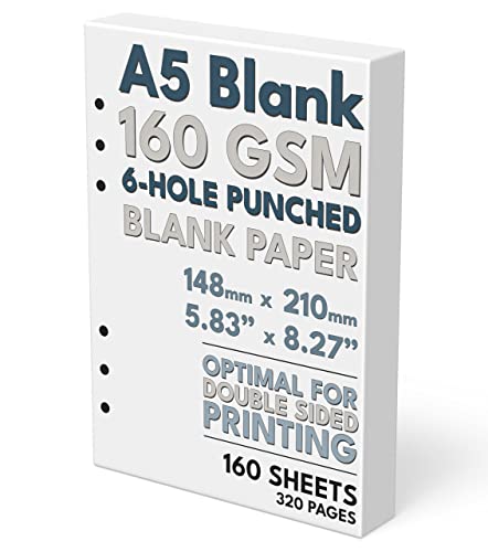 A5 Blank Paper, 160 GSM, 6-Hole Punched, 160 Sheets/320 Pages, White, 148mm x 210mm (5.83 in. x 8.27 in.)