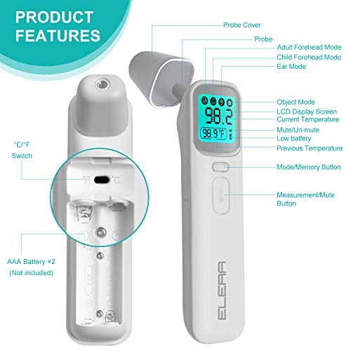 Termômetro infravermelho para testa para adultos, Termômetro sem toque Elera para adultos e crianças