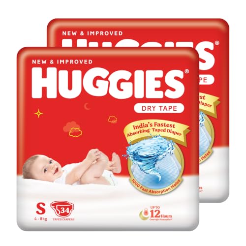 Image of Huggies Dry Tape | Adjustable Tape Style Baby Diapers, Small (S) Size (4-8 Kgs), Combo Pack of 68 | Up To 2X Faster Absorption, Up To 12 Hours Overnight Absorption (34 Count, Pack of 2)