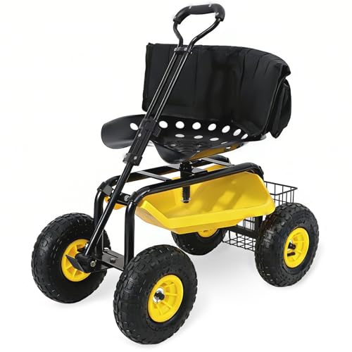 Sekey Garden Cart Rolling Workseat with Backsupport & 360 Swivel Seat Heavy Duty Garden Scooter with Adjustable Height Tool Tray All-Terrain Wheels 440 lbs Capacity for Seniors & Gardeners