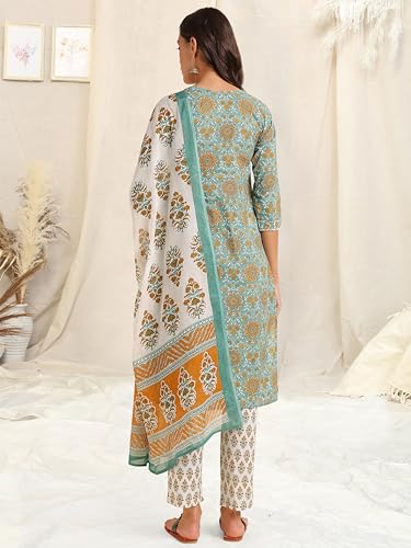 Image of MIRCHI FASHION Pure Cotton Women Straight Print & Thread Embroidery Kurti Set with Dupatta & Pant