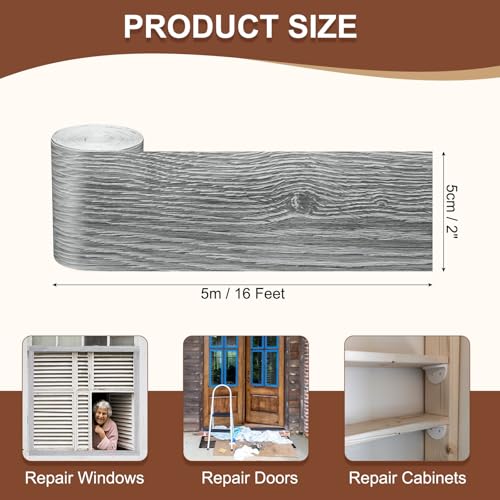 Image of MECCANIXITY Wood Grain Repair Tape, 2 Inch x 16 Feet Self Adhesive Wood Grain Tape Multi-Purpose Wallpaper Border Trim for Furniture Floors Windows Doors Tables Home, Gray