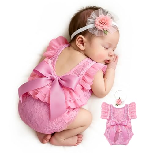 ForBaysy Infant Newborn Photography Props Girl Outfit Lace Romper with Cute Flower Headband Newborn Dress Posing Props - image 1
