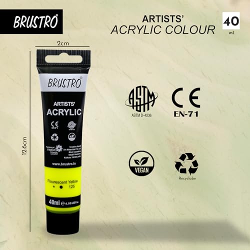 Image of BRUSTRO Artists Acrylic Paint Tube | 40ml, Fluorescent Yellow (Pack of 2)|Non-Toxic,Water based,Inter Mixable, Ideal for Painting, Textured Effects on Canvas, Paper, Fine Art Student and Professionals