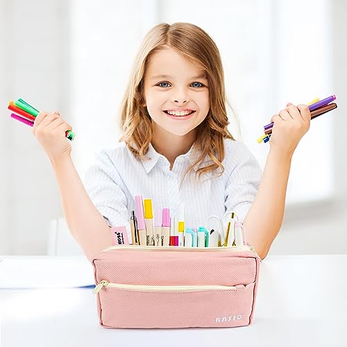 Image of Large Pencil Case with 4 Compartments, Big Capacity Pencil Bag Canvas Pencil Pouch with Zipper, Pencil Pouch Aesthetic, Pencil Pen Case Bag for Office College School Teen Boys Girls Students (Pink)