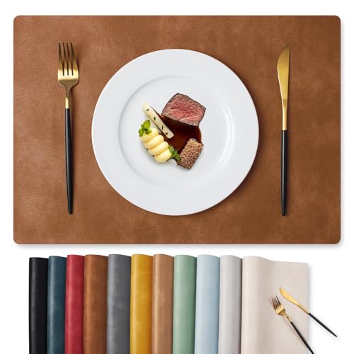Comparison: Best Placemats For Wood Table 3 MOSAYT Vinyl Placemats Set of 6-12 X 17 Inch - Fall Faux Leather 100% Waterproof Oil-Proof Wipeable PU Place Mats, Heat Resistant Reversible Table Mats for Kitchen, Dining, Outdoor (Reddish Brown)