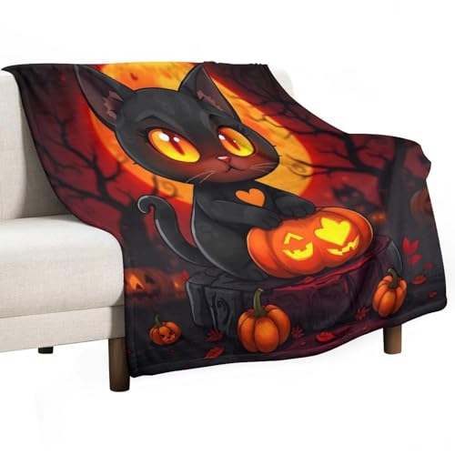 ZFLMY Black Cat with Pumpkin Blanket, Comfortable and Soft, Warm Casual Blanket, Printed Design, Winter Sofa Dormitory Home Decoration, Must-Have Travel Product. Size is 50x60 inches.