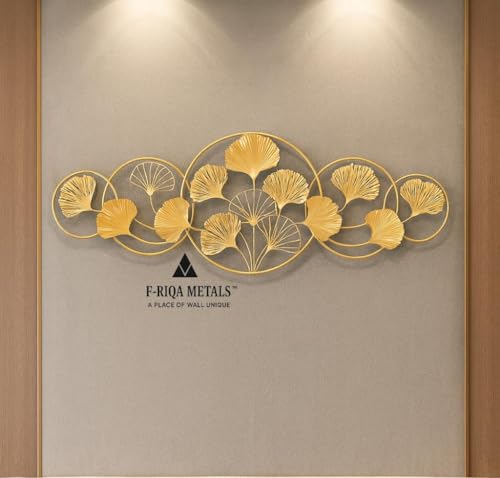 Image of F-RIQA METAL A PALACE OF WALL UNIQUE Golden Leaf Metal Wall Art for Living Room - 3D Designer Ginkgo Leaf Wall Decor with Circular Frame, Luxury Handcrafted Metal Wall Hanging for Home, Bedroom, Office & Hotel Interiors, Elegant Contemporary Wall Decoration, Premium Statement Wall Art Gift