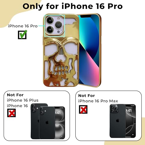 Image of Kraptick Polycarbonate iPhone 16 Pro Case - Electroplated Skull Face Design Mobile Cover, Stylish & Durable Phone Cover, Lightweight Protective Fit for Apple iPhone 16 Pro -(Gold)