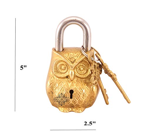 Image of Indian Art Villa Brass Handmade Vintage Antique Style, Owl Shape Door Security Lock, with 2 Keys