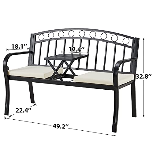Avawing Outdoor Metal Garden Bench, Patio Porch Bench W/Pullout Middle Table＆ Cushion, Steel Double Seat For Park Yard Lawn Deck Entryway #TOP5