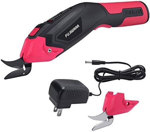 FUJIWARA Electric Scissors, 1 Rechargeable Lithium Battery and 2 Cutter Blades, Cordless Shears Cutting Tool for Fabrics/Canvas/Carpets/Leather/Cardboard/Other Thin Materials