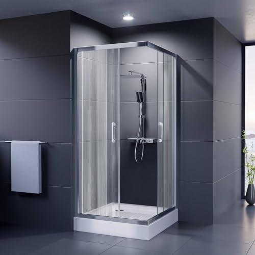 DUSCHMEISTER Echtglas-Duschkabine 80-90 cm Wave Design Wellenstruktur Eckdusche Eckeinstieg Schiebetür Gleittür ESG Sicherheitsglas mit Lotus-Effekt 190 cm ausschwenkbare Glastüren zur Reinigung