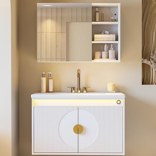 IRONCK Floating Bathroom Vanity with Sink, Mirror Medicine Cabinet, LED Strip Light, 30 Inches Modern Wall Mounted Sink Cabinets & Mirror Cabinets Set with Large Storage Space, White