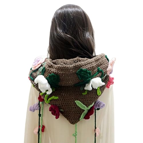 Floral Crochet Capelet Hat Handmade Winter Hooded Headgear Knitting Scarf with Tassels for Women Outdoor Activity