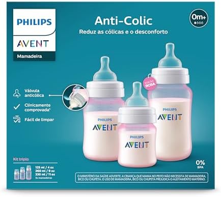 Kit Triplo Mamadeira Anti-Colic Philips Avent SCY119/19 125ml + 260ml + 330ml Rosa