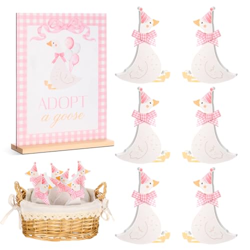 Décoration oie bois de 12 cm artisanale avec ruban rose de qualité