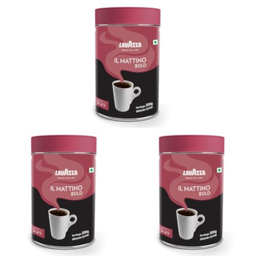 Image of Lavazza Il Mattino Bold |Pure Ground Coffee|Blend Of Arabica & Robusta| Medium Roast|Notes Of Wood,Cocoa & Spices|Intensity 5|200 G Tin,Bottle (Pack of 3)
